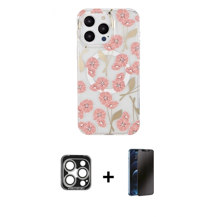 MARSİLYAN™- iPhone 15 Pro Max Kılıf Pusula Form - Siyah 3D Antistatik Hayalet Cam Ekran Koruyucu + PVD Metal Kamera Lens - GS