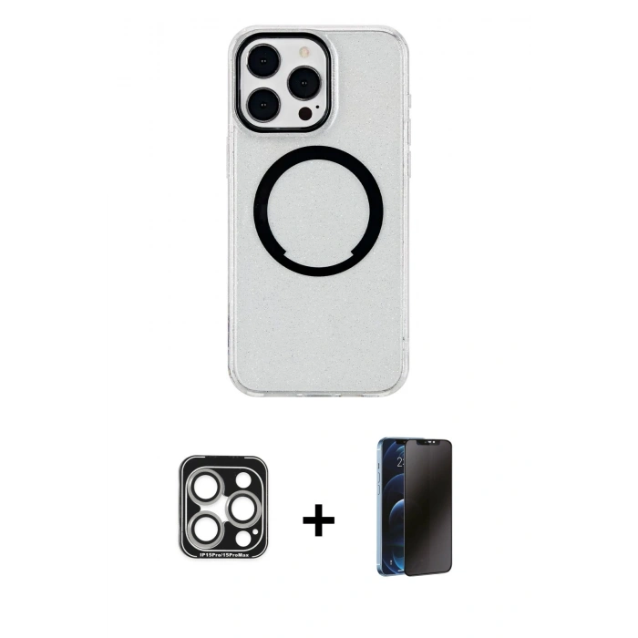 MARSİLYAN™- iPhone 15 Pro Max Kılıf Pusula Form - Siyah 3D Antistatik Hayalet Cam Ekran Koruyucu + PVD Metal Kamera Lens - GS