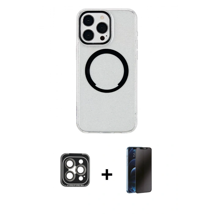 MARSİLYAN™- iPhone 15 Pro Max Kılıf Pusula Form - Siyah 3D Antistatik Hayalet Cam Ekran Koruyucu + PVD Metal Kamera Lens - GI