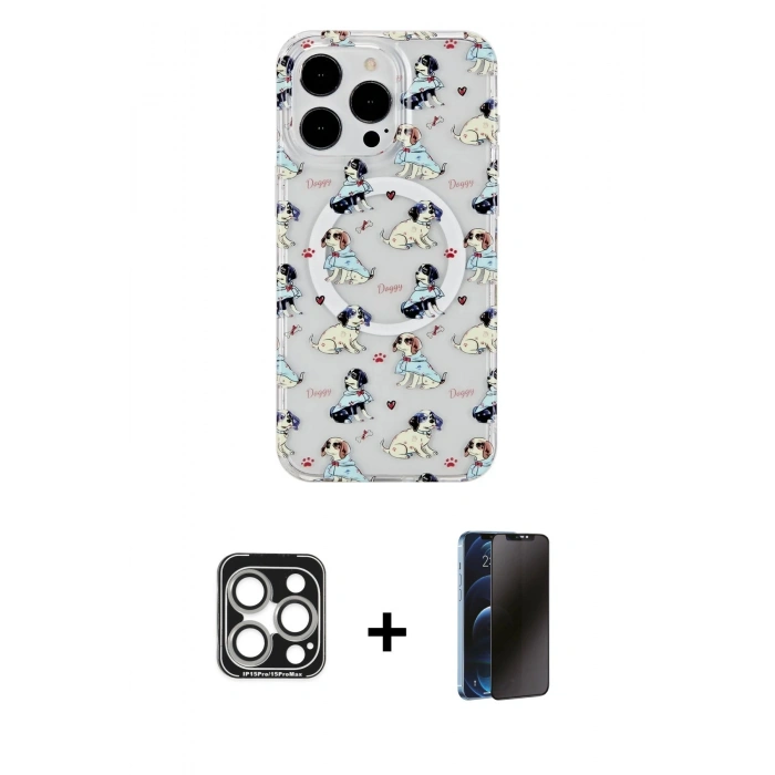 MARSİLYAN™- iPhone 15 Pro Max Kılıf Pusula Form - Siyah 3D Antistatik Hayalet Cam Ekran Koruyucu + PVD Metal Kamera Lens - GS