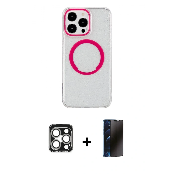 MARSİLYAN™- iPhone 15 Pro Max Kılıf Pusula Form - Siyah 3D Antistatik Hayalet Cam Ekran Koruyucu + PVD Metal Kamera Lens - GS