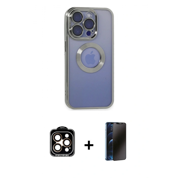 MARSİLYAN™- iPhone 15 Pro Max Kılıf Pusula Form - Siyah 3D Antistatik Hayalet Cam Ekran Koruyucu + PVD Metal Kamera Lens - TU