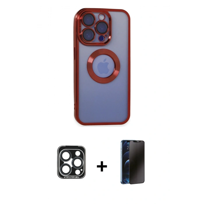 MARSİLYAN™- iPhone 15 Pro Max Kılıf Pusula Form - Siyah 3D Antistatik Hayalet Cam Ekran Koruyucu + PVD Metal Kamera Lens - LT
