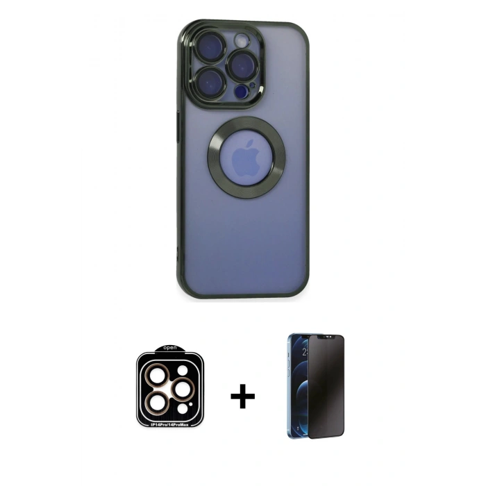 MARSİLYAN™- iPhone 15 Pro Max Kılıf Pusula Form - Siyah 3D Antistatik Hayalet Cam Ekran Koruyucu + PVD Metal Kamera Lens - TU