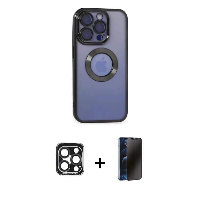 MARSİLYAN™- iPhone 15 Pro Max Kılıf Pusula Form - Siyah 3D Antistatik Hayalet Cam Ekran Koruyucu + PVD Metal Kamera Lens - LT