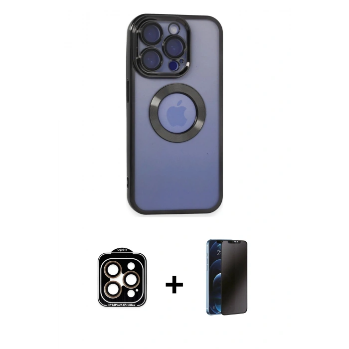 MARSİLYAN™- iPhone 15 Pro Max Kılıf Pusula Form - Siyah 3D Antistatik Hayalet Cam Ekran Koruyucu + PVD Metal Kamera Lens - TU