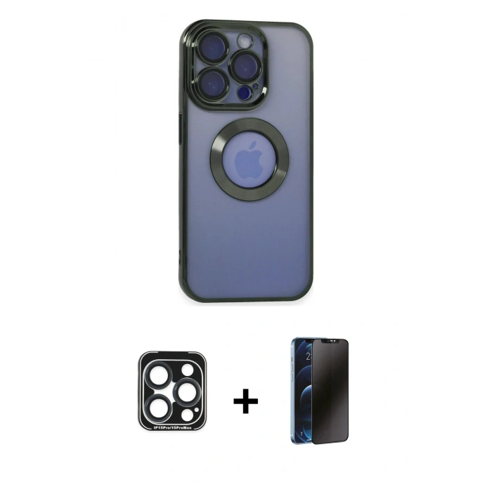MARSİLYAN™- iPhone 15 Pro Max Kılıf Pusula Form - Siyah 3D Antistatik Hayalet Cam Ekran Koruyucu + PVD Metal Kamera Lens - LT