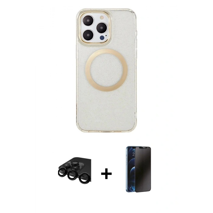MARSİLYAN™- iPhone 15 Pro Max Kılıf Pusula Form - Siyah 3D Antistatik Hayalet Cam Ekran Koruyucu + Raze Metal Kamera Lens - SH