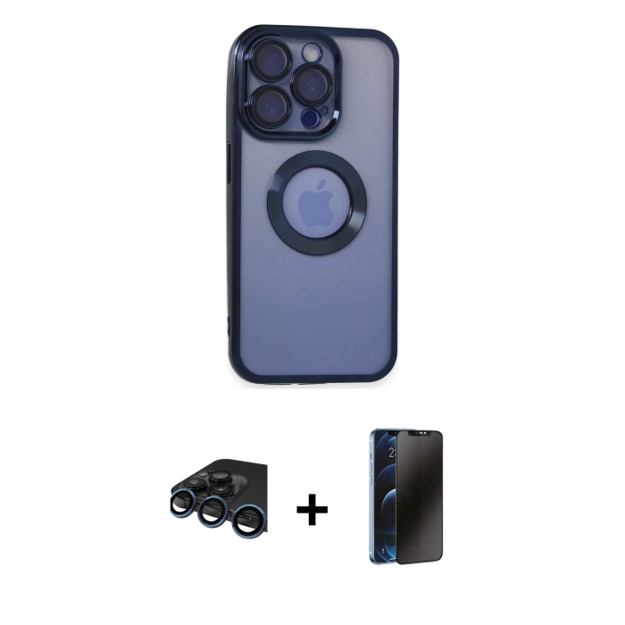 MARSİLYAN™- iPhone 15 Pro Max Kılıf Pusula Form - Siyah 3D Antistatik Hayalet Cam Ekran Koruyucu + Raze Metal Kamera Lens - LT