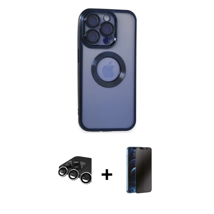 MARSİLYAN™- iPhone 15 Pro Max Kılıf Pusula Form - Siyah 3D Antistatik Hayalet Cam Ekran Koruyucu + Raze Metal Kamera Lens - GS