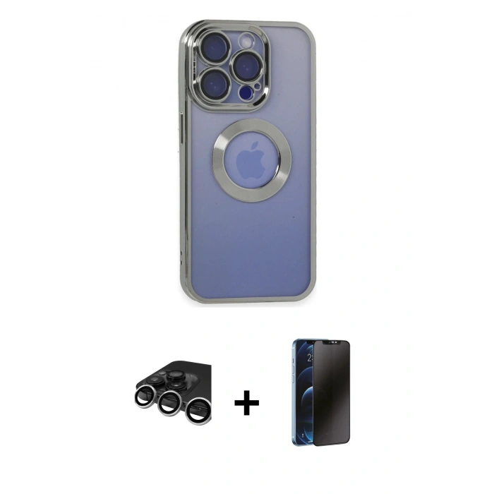 MARSİLYAN™- iPhone 15 Pro Max Kılıf Pusula Form - Siyah 3D Antistatik Hayalet Cam Ekran Koruyucu + Raze Metal Kamera Lens - GS