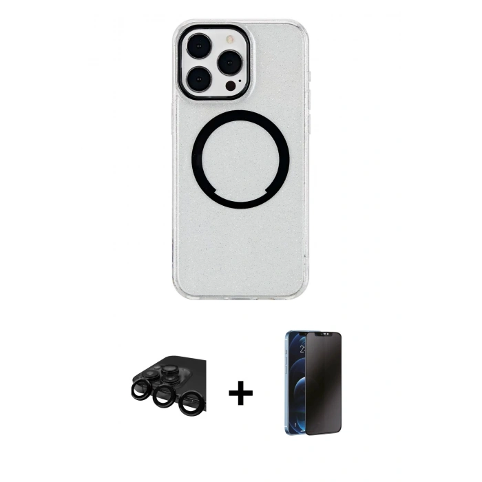MARSİLYAN™- iPhone 15 Pro Max Kılıf Pusula Form - Siyah 3D Antistatik Hayalet Cam Ekran Koruyucu + Raze Metal Kamera Lens - SH