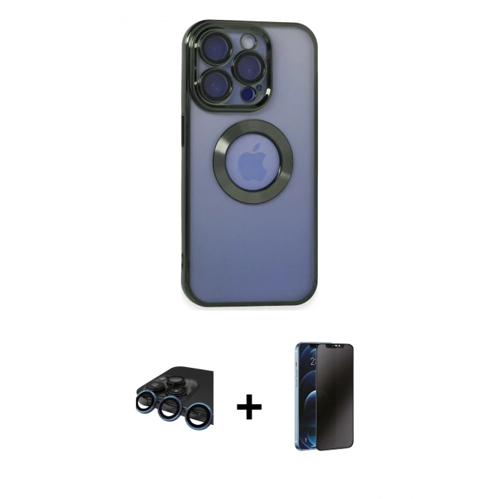 MARSİLYAN™- iPhone 15 Pro Max Kılıf Pusula Form - Siyah 3D Antistatik Hayalet Cam Ekran Koruyucu + Raze Metal Kamera Lens - LT