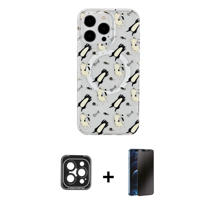 MARSİLYAN™- iPhone 15 Pro Max Kılıf Pusula Form - Siyah 3D Antistatik Hayalet Cam Ekran Koruyucu + PVD Metal Kamera Lens - SH