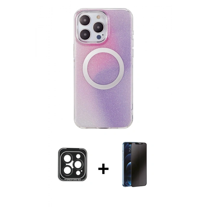 MARSİLYAN™- iPhone 15 Pro Max Kılıf Pusula Form - Siyah 3D Antistatik Hayalet Cam Ekran Koruyucu + PVD Metal Kamera Lens - SH