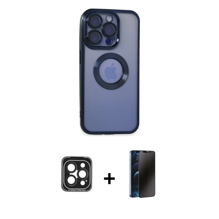 MARSİLYAN™- iPhone 15 Pro Max Kılıf Pusula Form - Siyah 3D Antistatik Hayalet Cam Ekran Koruyucu + PVD Metal Kamera Lens - SH