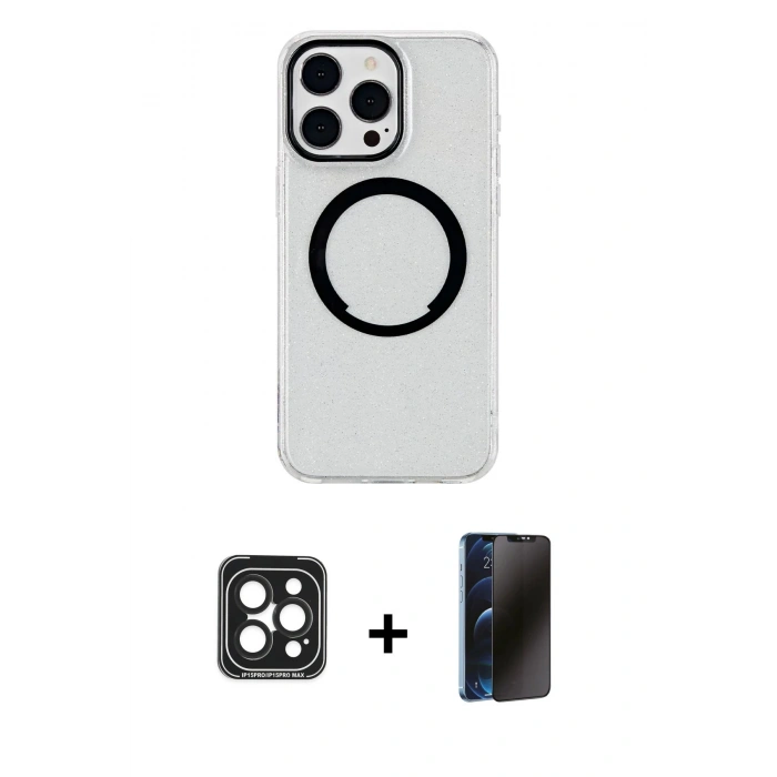 MARSİLYAN™- iPhone 15 Pro Max Kılıf Pusula Form - Siyah 3D Antistatik Hayalet Cam Ekran Koruyucu + PVD Metal Kamera Lens - SH