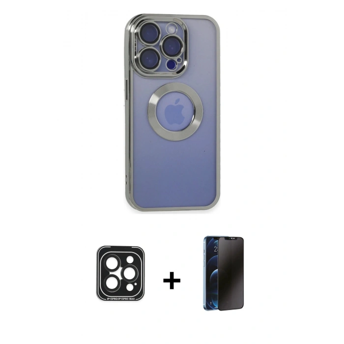MARSİLYAN™- iPhone 15 Pro Max Kılıf Pusula Form - Siyah 3D Antistatik Hayalet Cam Ekran Koruyucu + PVD Metal Kamera Lens - SH