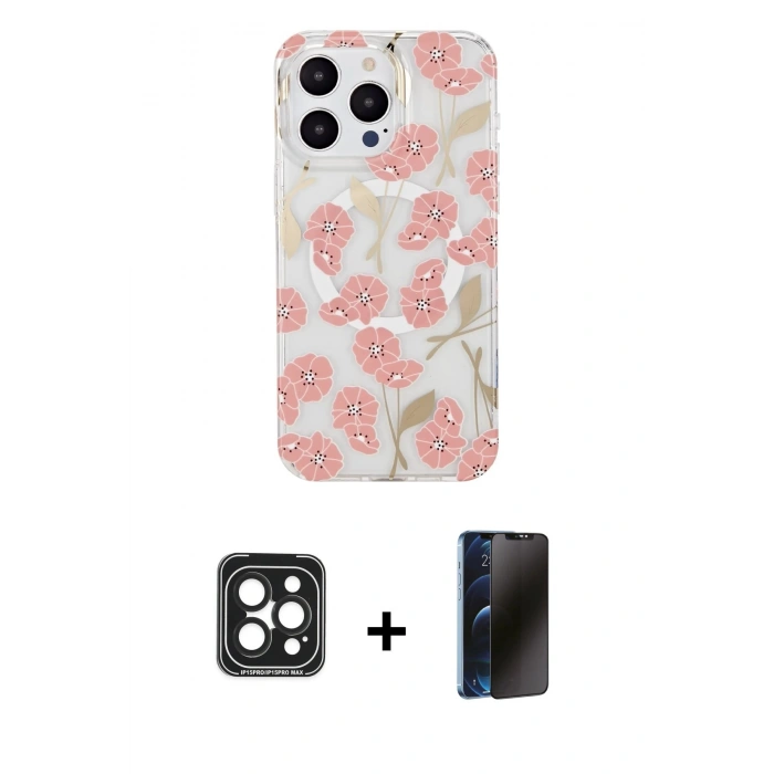 MARSİLYAN™- iPhone 15 Pro Max Kılıf Pusula Form - Siyah 3D Antistatik Hayalet Cam Ekran Koruyucu + PVD Metal Kamera Lens - SH