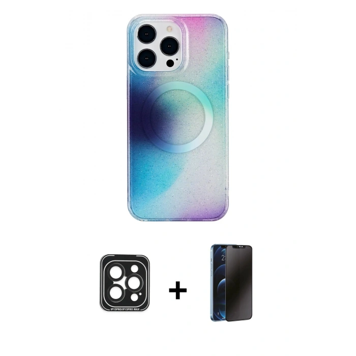 MARSİLYAN™- iPhone 15 Pro Max Kılıf Pusula Form - Siyah 3D Antistatik Hayalet Cam Ekran Koruyucu + PVD Metal Kamera Lens - SH