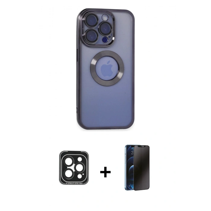 MARSİLYAN™- iPhone 15 Pro Max Kılıf Pusula Form - Siyah 3D Antistatik Hayalet Cam Ekran Koruyucu + PVD Metal Kamera Lens - SH