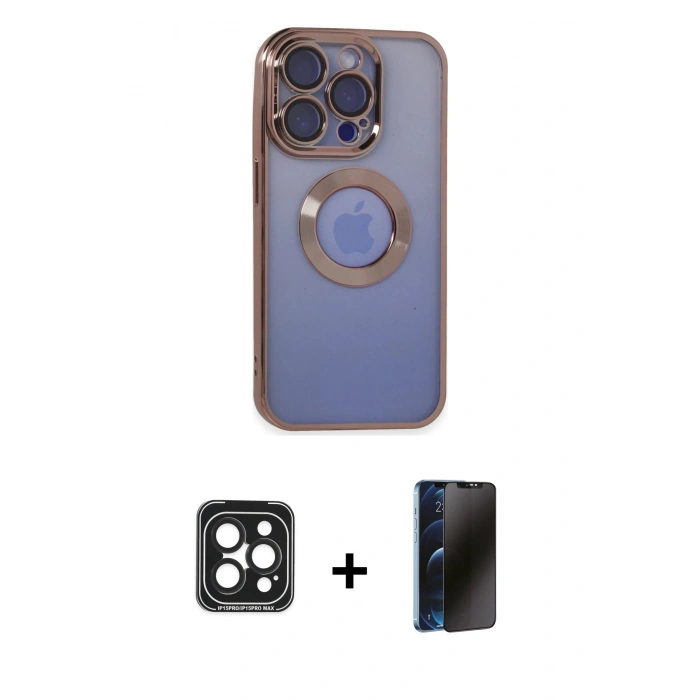 MARSİLYAN™- iPhone 15 Pro Max Kılıf Pusula Form - Siyah 3D Antistatik Hayalet Cam Ekran Koruyucu + PVD Metal Kamera Lens - SH