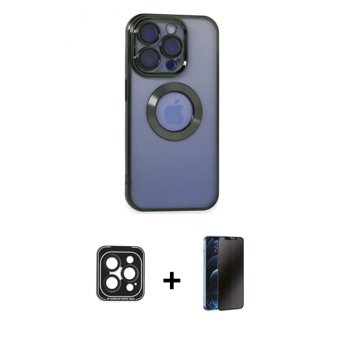 MARSİLYAN™- iPhone 15 Pro Max Kılıf Pusula Form - Siyah 3D Antistatik Hayalet Cam Ekran Koruyucu + PVD Metal Kamera Lens - SH
