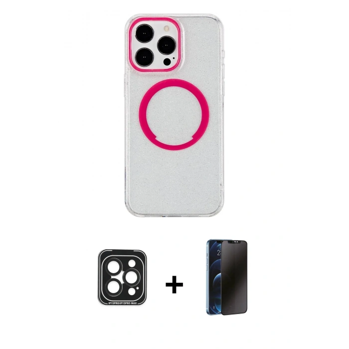MARSİLYAN™- iPhone 15 Pro Max Kılıf Pusula Form - Siyah 3D Antistatik Hayalet Cam Ekran Koruyucu + PVD Metal Kamera Lens - SH