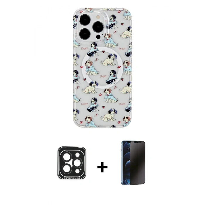 MARSİLYAN™- iPhone 15 Pro Max Kılıf Pusula Form - Siyah 3D Antistatik Hayalet Cam Ekran Koruyucu + PVD Metal Kamera Lens - SH