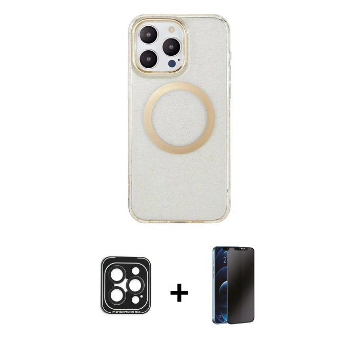 MARSİLYAN™- iPhone 15 Pro Max Kılıf Pusula Form - Siyah 3D Antistatik Hayalet Cam Ekran Koruyucu + PVD Metal Kamera Lens - SH