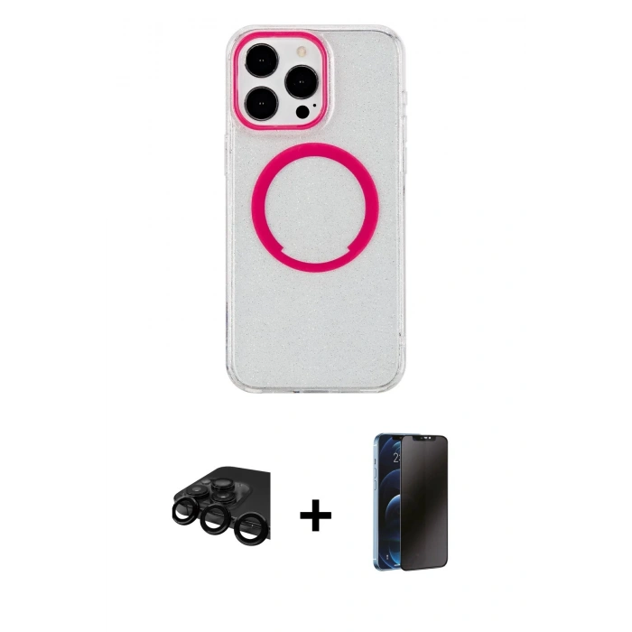 MARSİLYAN™- iPhone 15 Pro Max Kılıf Pusula Form - Siyah 3D Antistatik Hayalet Cam Ekran Koruyucu + Siyah Raze Metal Kamera Lens