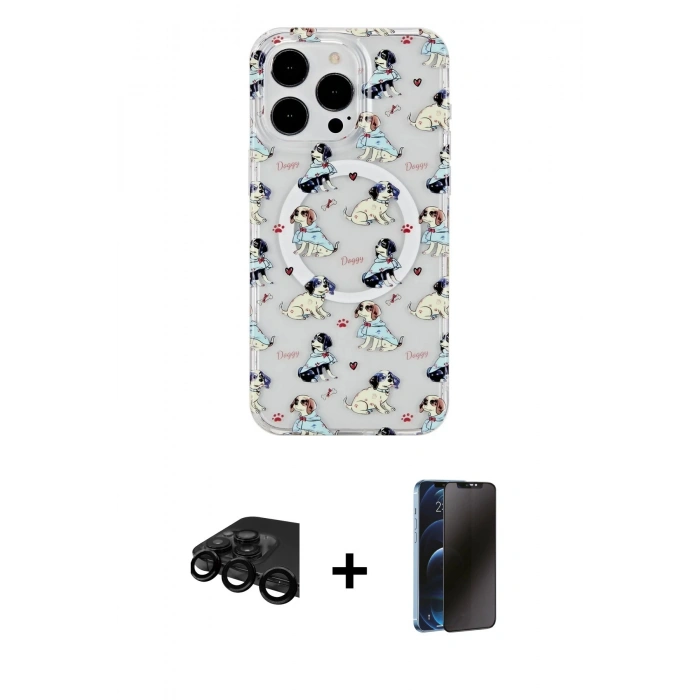MARSİLYAN™- iPhone 15 Pro Max Kılıf Pusula Form - Siyah 3D Antistatik Hayalet Cam Ekran Koruyucu + Siyah Raze Metal Kamera Lens