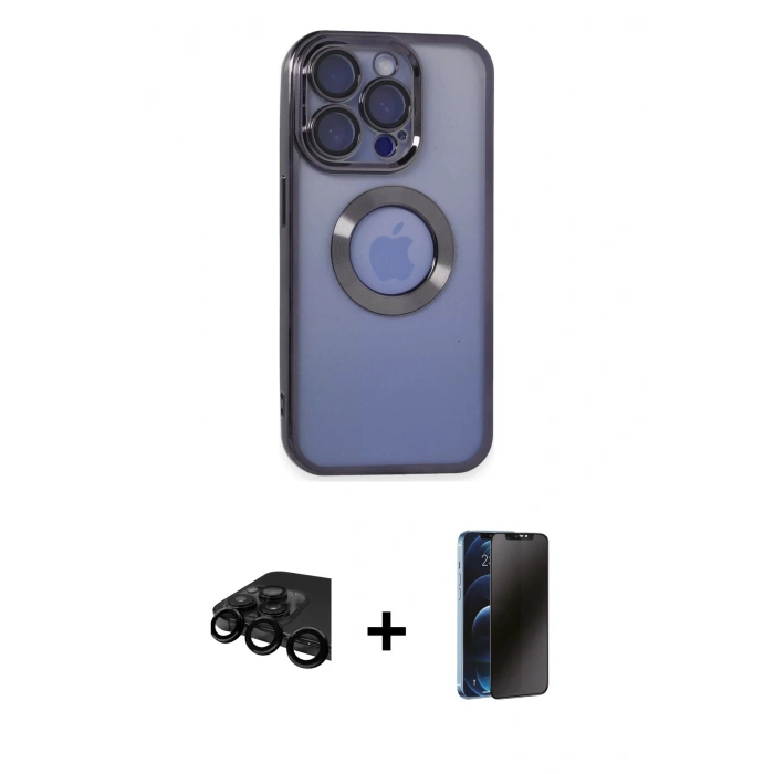 MARSİLYAN™- iPhone 15 Pro Max Kılıf Pusula Form - Siyah 3D Antistatik Hayalet Cam Ekran Koruyucu + Raze Metal Kamera Lens - SH