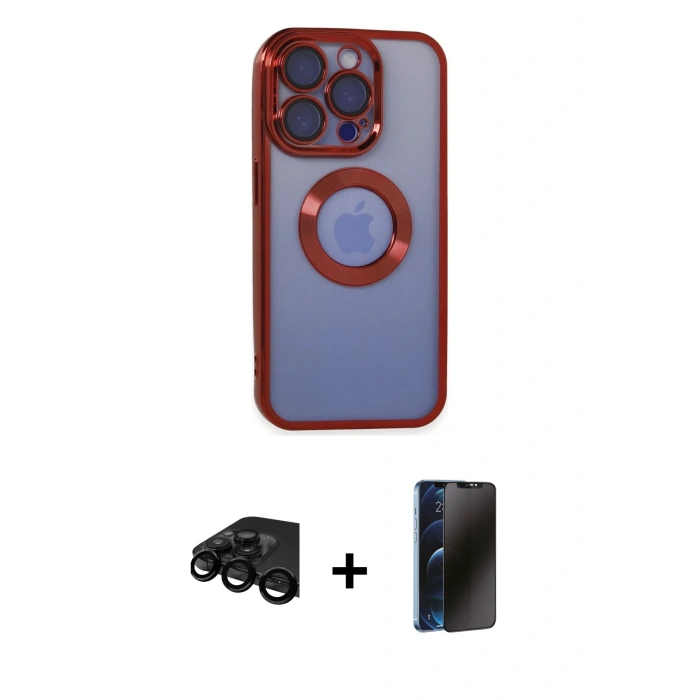 MARSİLYAN™- iPhone 15 Pro Max Kılıf Pusula Form - Siyah 3D Antistatik Hayalet Cam Ekran Koruyucu + Raze Metal Kamera Lens - SH