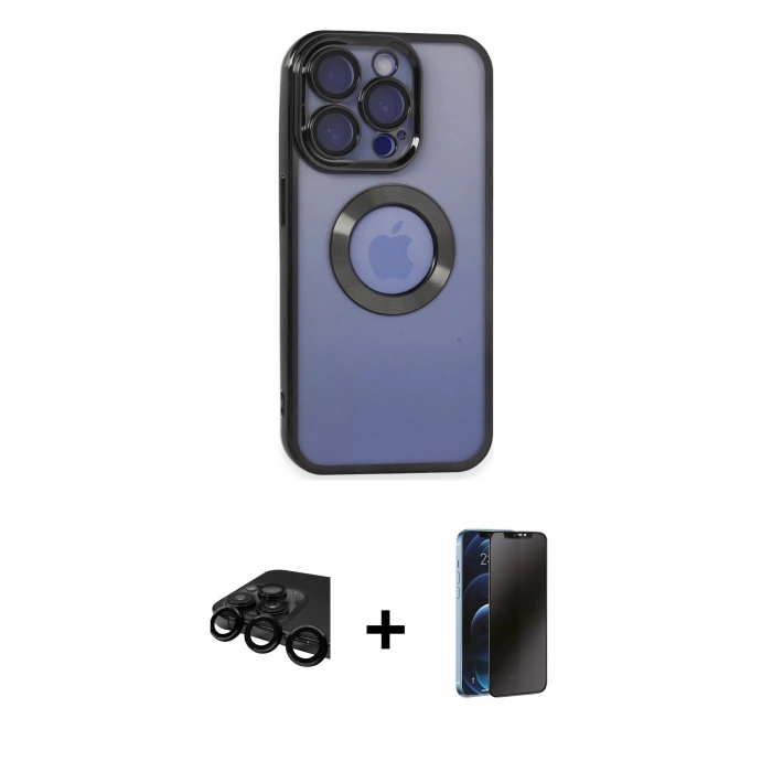 MARSİLYAN™- iPhone 15 Pro Max Kılıf Pusula Form - Siyah 3D Antistatik Hayalet Cam Ekran Koruyucu + Raze Metal Kamera Lens - SH