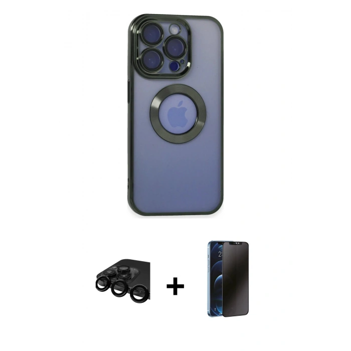MARSİLYAN™- iPhone 15 Pro Max Kılıf Pusula Form - Siyah 3D Antistatik Hayalet Cam Ekran Koruyucu + Raze Metal Kamera Lens - SH