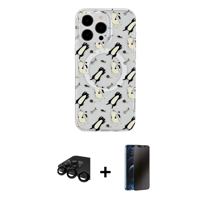 MARSİLYAN™- iPhone 15 Pro Max Kılıf Pusula Form - Siyah 3D Antistatik Hayalet Cam Ekran Koruyucu + Siyah Raze Metal Kamera Lens