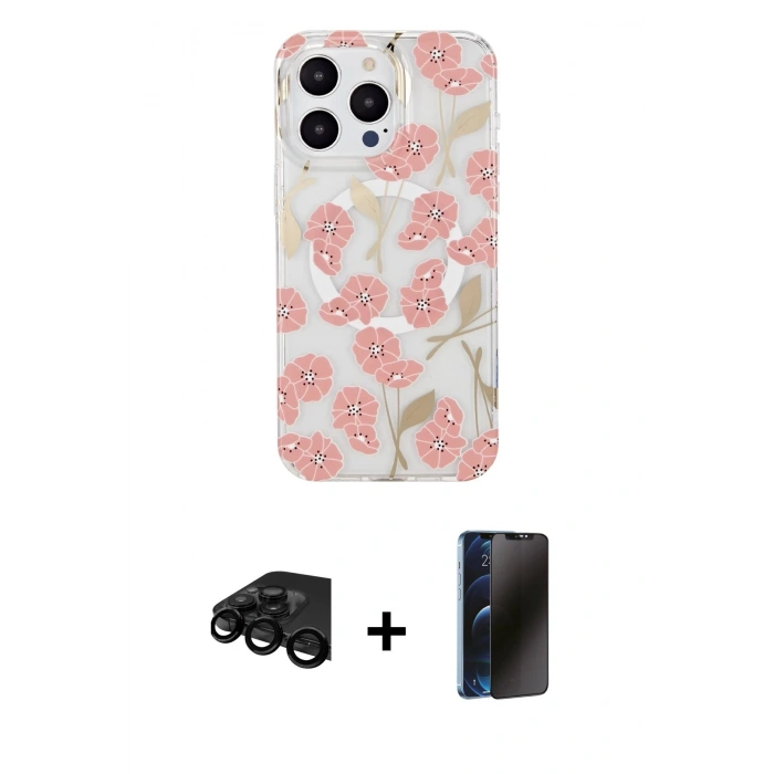MARSİLYAN™- iPhone 15 Pro Max Kılıf Pusula Form - Siyah 3D Antistatik Hayalet Cam Ekran Koruyucu + Siyah Raze Metal Kamera Lens