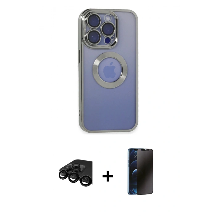 MARSİLYAN™- iPhone 15 Pro Max Kılıf Pusula Form - Siyah 3D Antistatik Hayalet Cam Ekran Koruyucu + Raze Metal Kamera Lens - SH