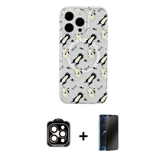 MARSİLYAN™- iPhone 15 Pro Max Kılıf Pusula Form - Siyah 3D Antistatik Hayalet Cam Ekran Koruyucu + Turuncu PVD Metal Kamera Lens