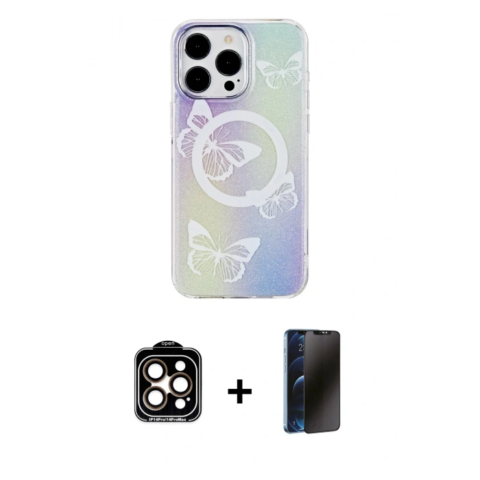 MARSİLYAN™- iPhone 15 Pro Max Kılıf Pusula Form - Siyah 3D Antistatik Hayalet Cam Ekran Koruyucu + Turuncu PVD Metal Kamera Lens