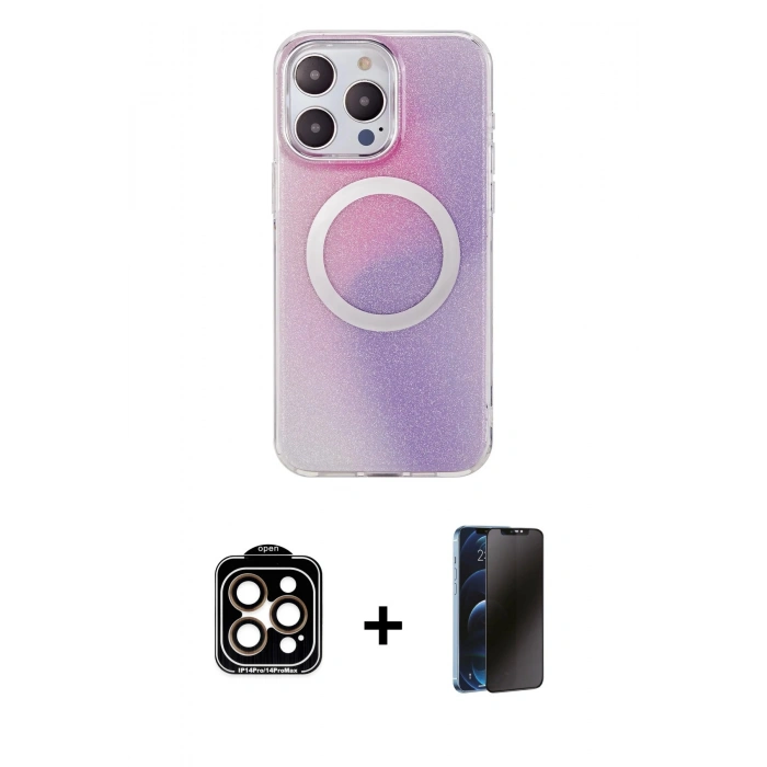 MARSİLYAN™- iPhone 15 Pro Max Kılıf Pusula Form - Siyah 3D Antistatik Hayalet Cam Ekran Koruyucu + Turuncu PVD Metal Kamera Lens