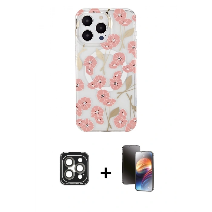 MARSİLYAN™- iPhone 15 Pro Max Kılıf Pusula Form - Siyah 3D Antistatik Mat Seramik Nano Ekran Koruyucu + Gri PVD Metal Kamera Lens