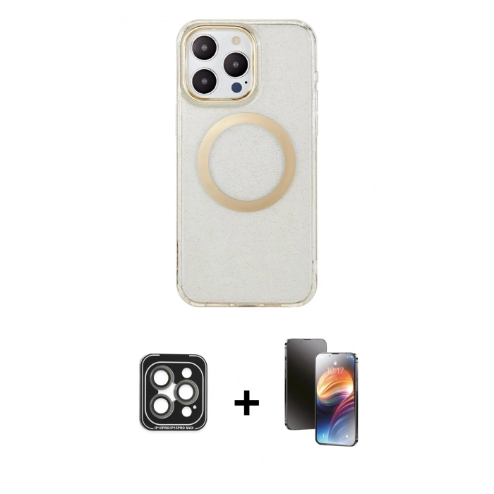 MARSİLYAN™- iPhone 15 Pro Max Kılıf Pusula Form - Siyah 3D Antistatik Mat Seramik Nano Ekran Koruyucu + Gri PVD Metal Kamera Lens