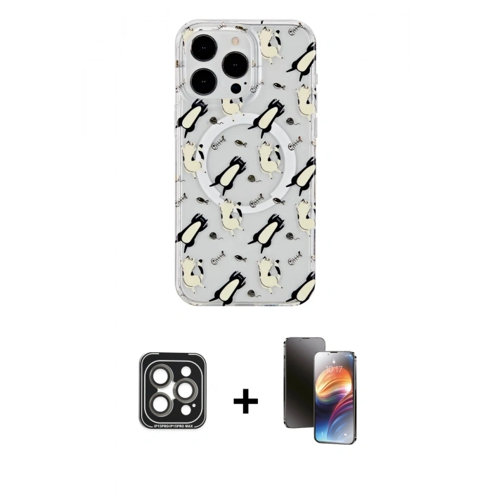 MARSİLYAN™- iPhone 15 Pro Max Kılıf Pusula Form - Siyah 3D Antistatik Mat Seramik Nano Ekran Koruyucu + Gri PVD Metal Kamera Lens