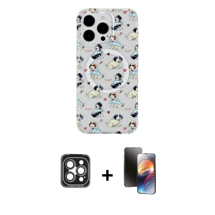 MARSİLYAN™- iPhone 15 Pro Max Kılıf Pusula Form - Siyah 3D Antistatik Mat Seramik Nano Ekran Koruyucu + Gri PVD Metal Kamera Lens