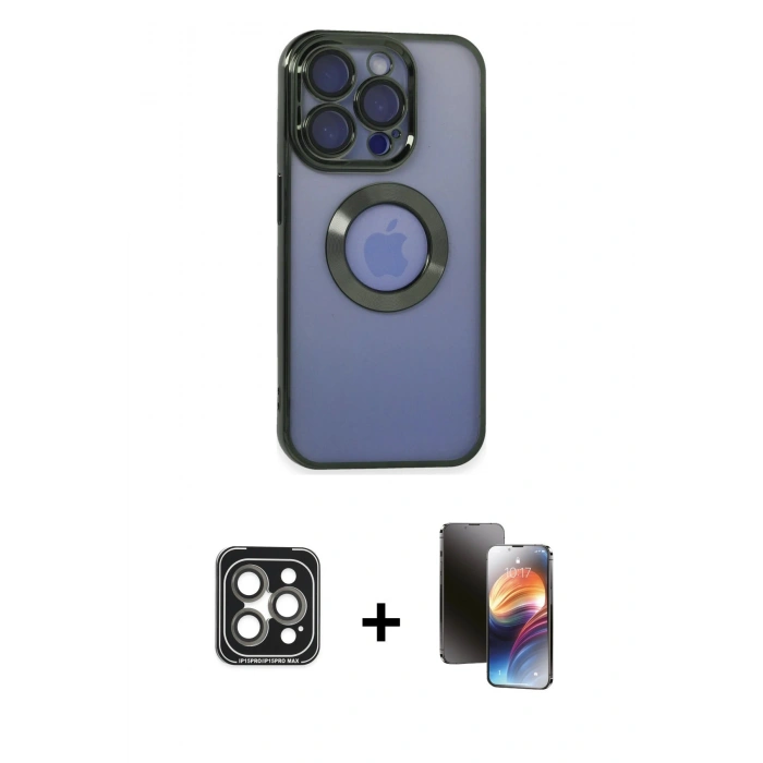 MARSİLYAN™- iPhone 15 Pro Max Kılıf Pusula Form - Siyah 3D Antistatik Mat Seramik Nano Ekran Koruyucu + PVD Metal Kamera Lens - GI