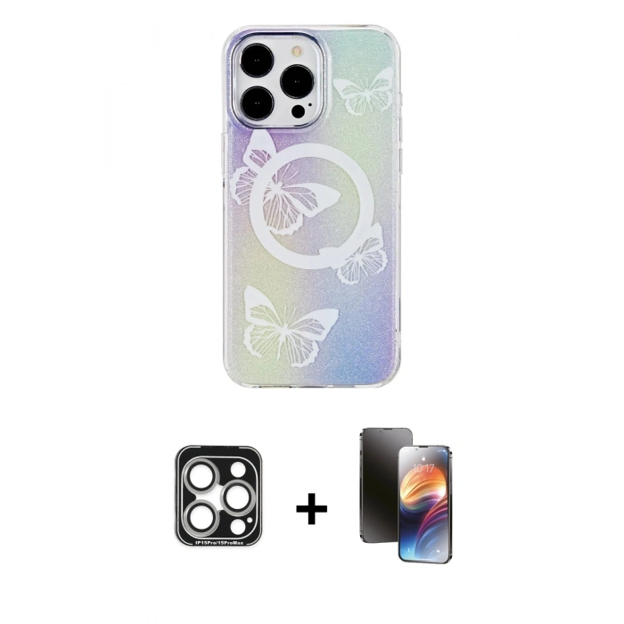 MARSİLYAN™- iPhone 15 Pro Max Kılıf Pusula Form - Siyah 3D Antistatik Mat Seramik Nano Ekran Koruyucu + PVD Metal Kamera Lens - GS