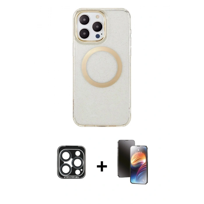 MARSİLYAN™- iPhone 15 Pro Max Kılıf Pusula Form - Siyah 3D Antistatik Mat Seramik Nano Ekran Koruyucu + PVD Metal Kamera Lens - LT