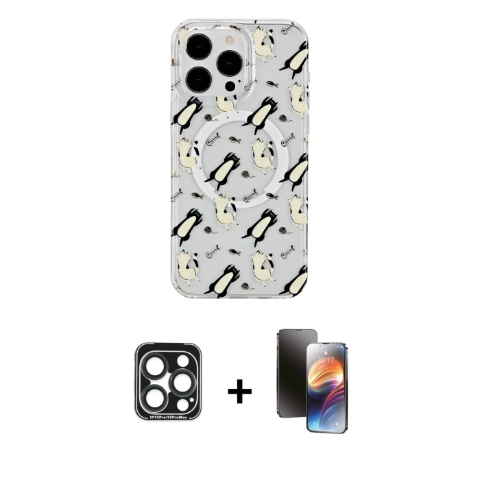 MARSİLYAN™- iPhone 15 Pro Max Kılıf Pusula Form - Siyah 3D Antistatik Mat Seramik Nano Ekran Koruyucu + PVD Metal Kamera Lens - LT